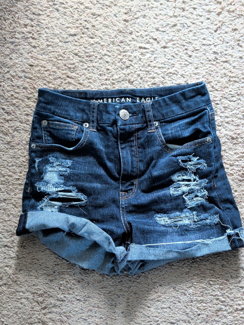 American Eagle Outfitters Dark Blue Distressed Rolled-Hem Denim Shorts